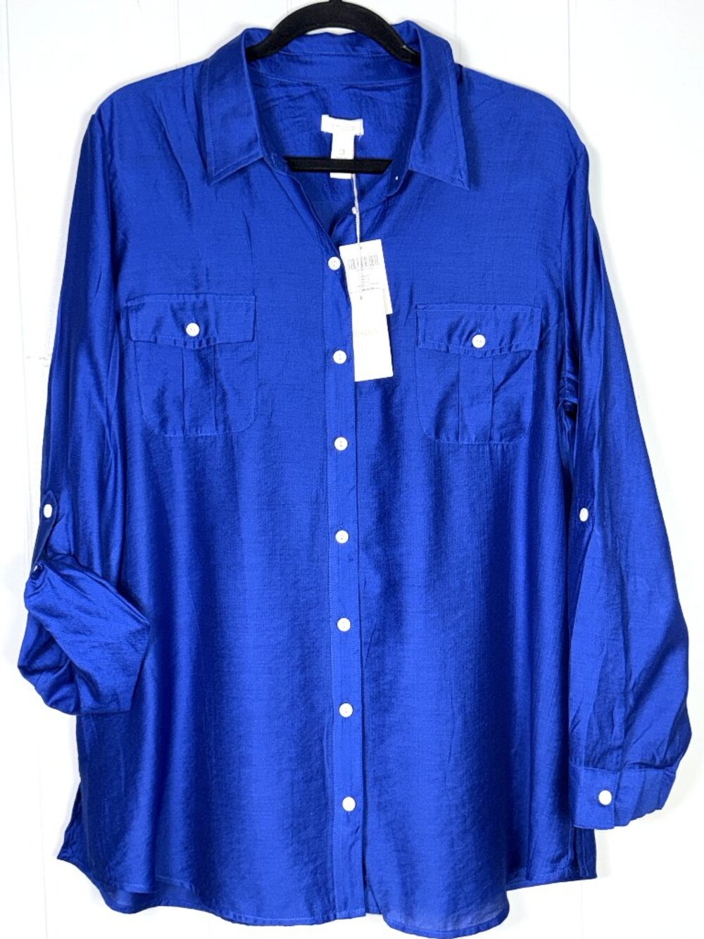 Chicos Dynamic Tracey Artisan Sapphire Roll-Tab Button Blouse Shirt 3 XL 16-18